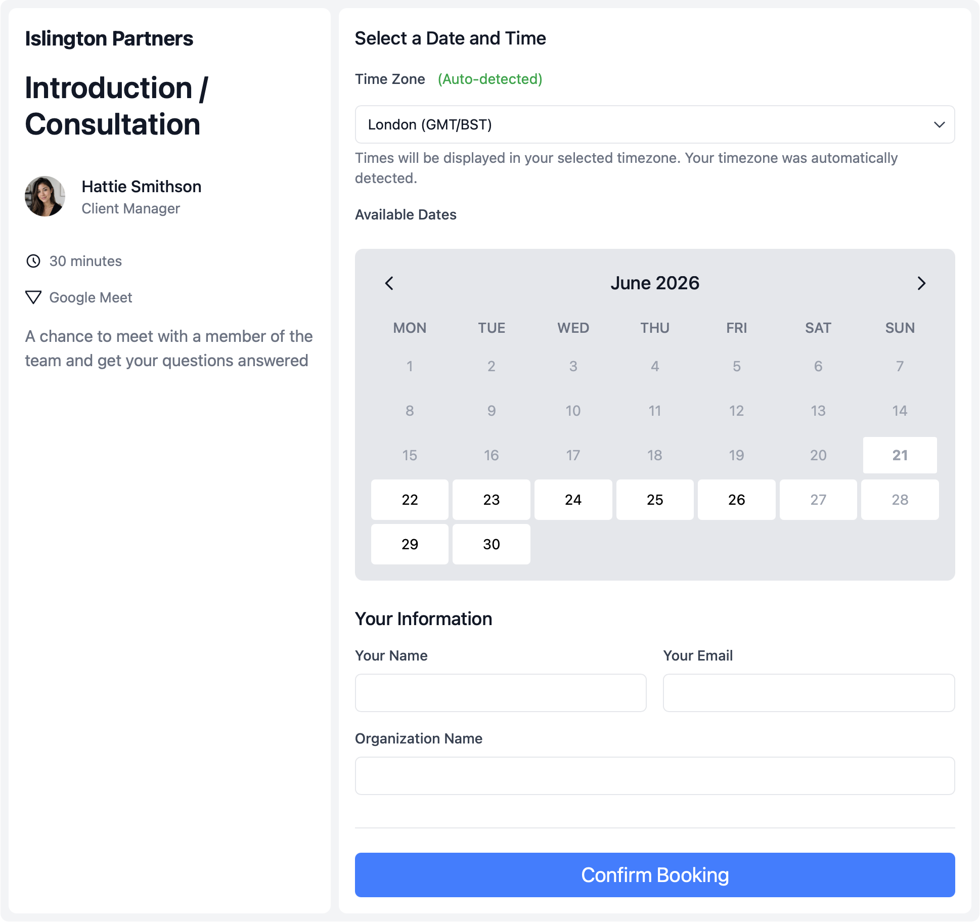 calendr.so booking page that can be embedded on a service page, contact page, or landing page