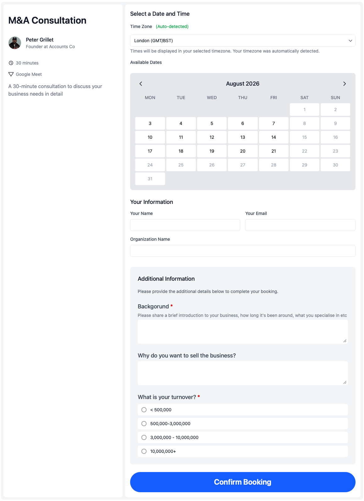 Client-facing calendr.so booking page collecting prospect details before a meeting is confirmed and synced to Notion