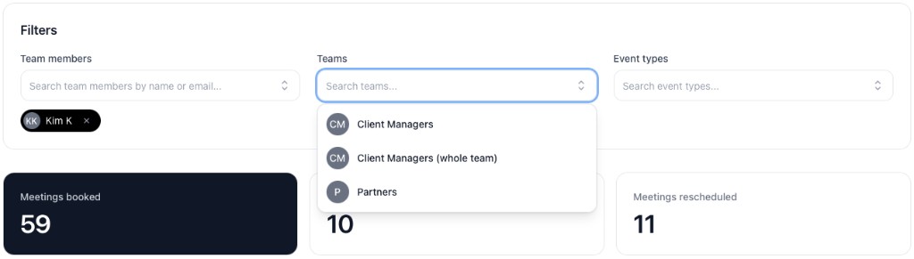 Booking report filters in calendr.so for team members, teams, and event types