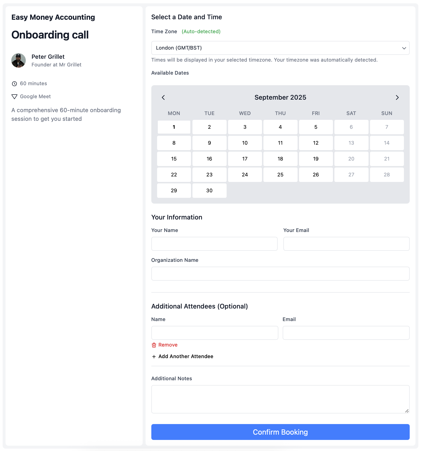 Project kickoff booking workflow for consultants