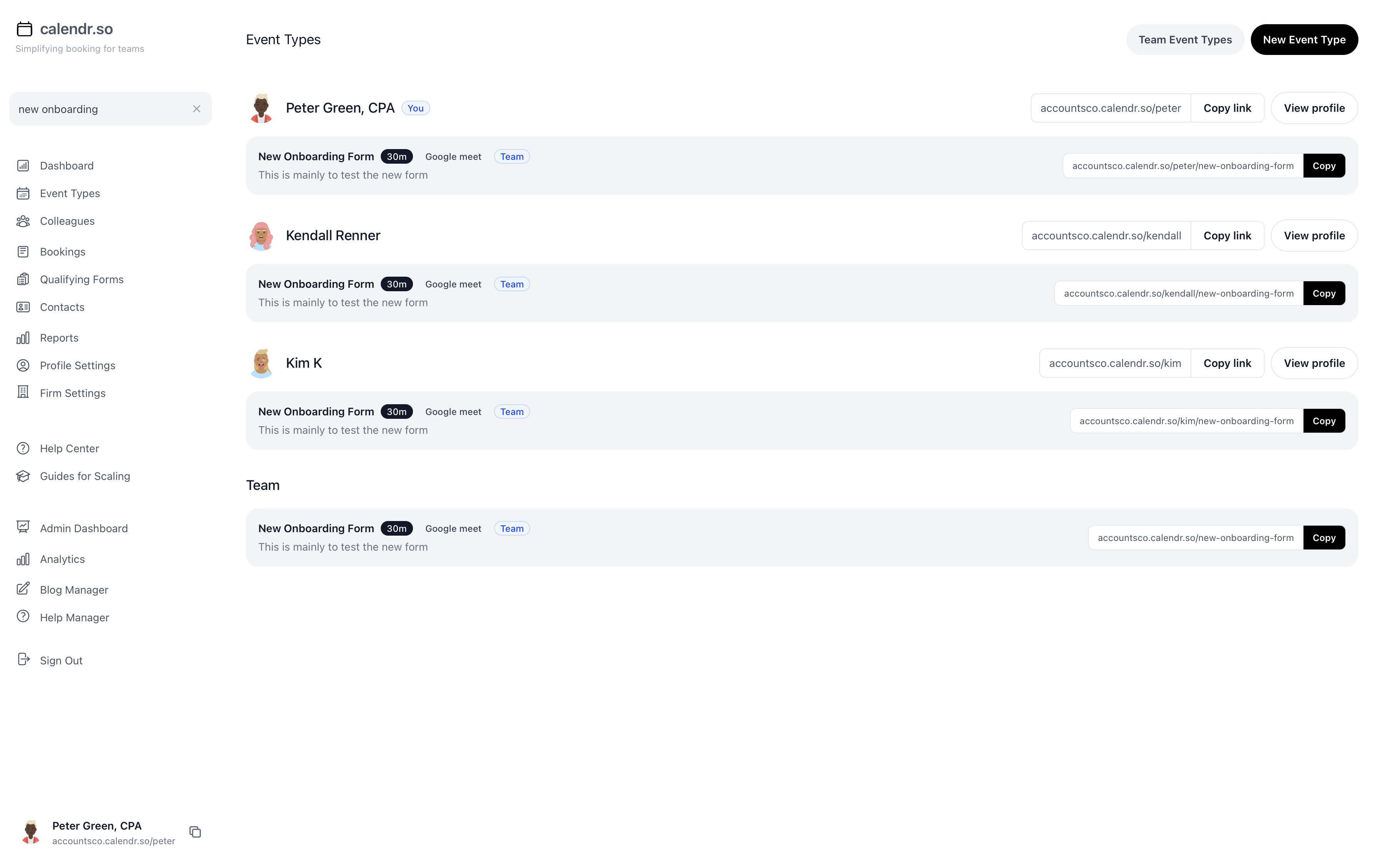 Team scheduling management screen for accounting firms